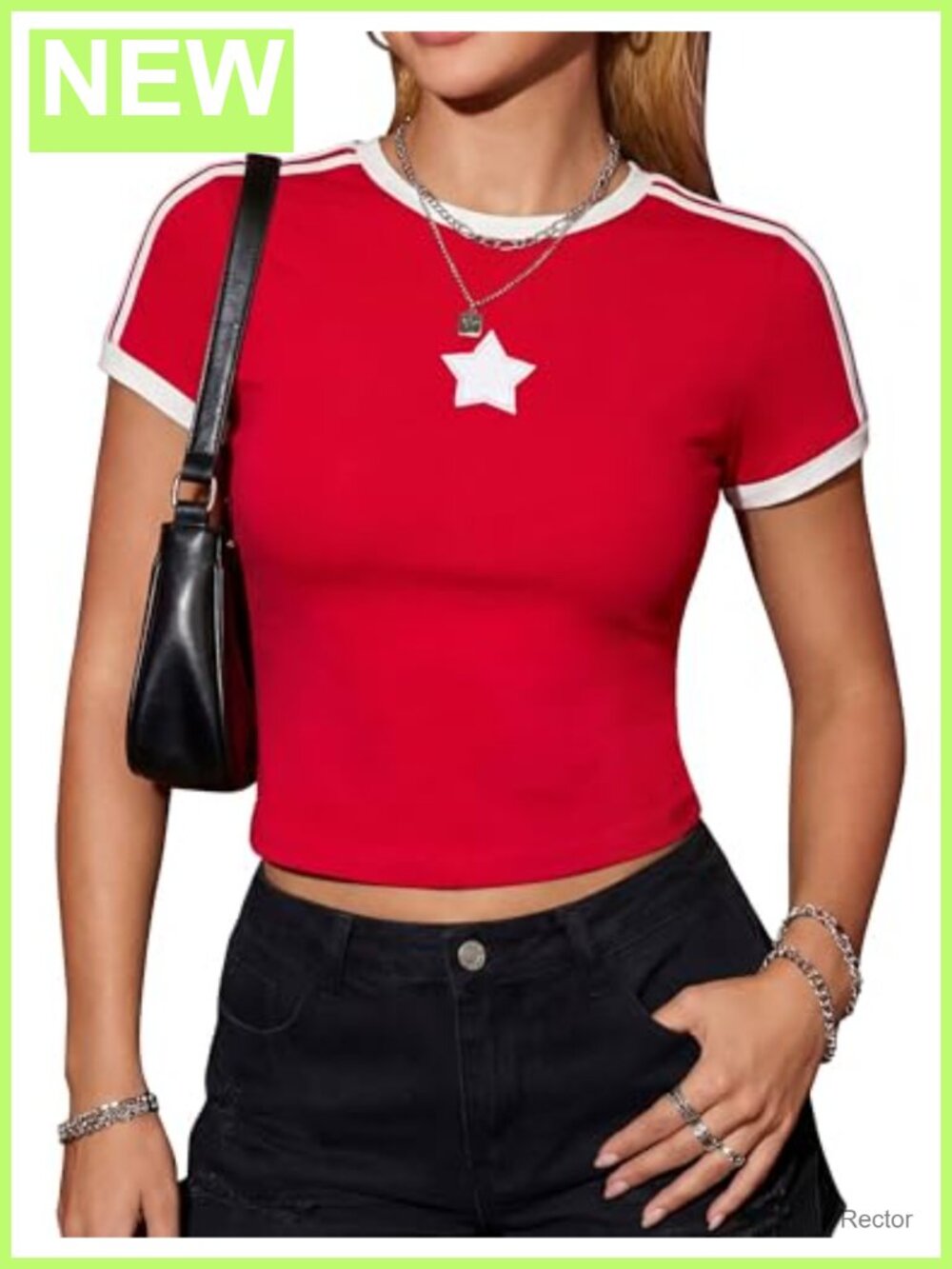 Y2K Crop Top Baby Tee Slim Fit Short Sleeve Rayon Spandex Retro Star Patch